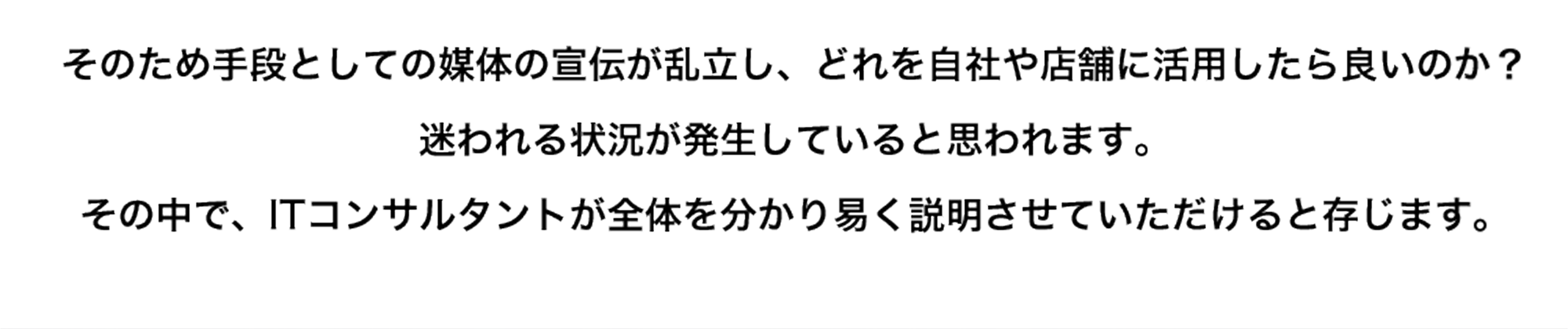 そのため手段としての媒体の宣伝が乱立し、どれを自社や店舗に活用したら良いのか？迷われる状況が発生していると思われます。その中で、ITコンサルタントが全体を分かり易く説明させていただけると存じます。