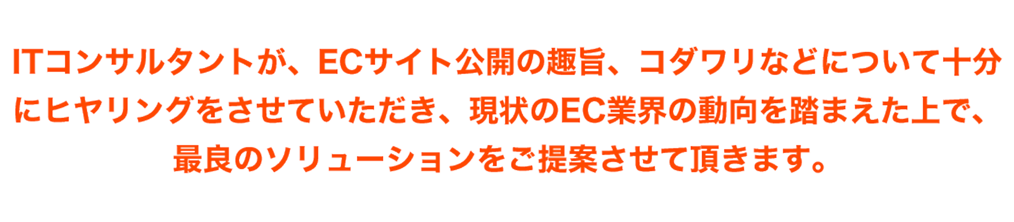 ITコンサルタントが、ECサイト公開の趣旨、コダワリなどについて十分にヒヤリングをさせていただき、現状のEC業界の動向を踏まえた上で、最良のソリューションをご提案させて頂きます。