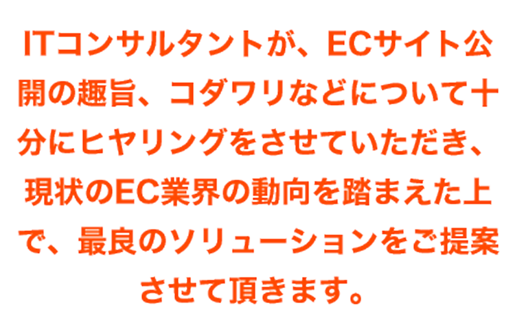 ITコンサルタントが、ECサイト公開の趣旨、コダワリなどについて十分にヒヤリングをさせていただき、現状のEC業界の動向を踏まえた上で、最良のソリューションをご提案させて頂きます。